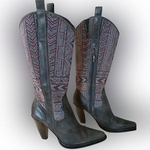 Dark Gray Italian Leather Hand Beaded Donald J Pliner “Goldie” Western Boots